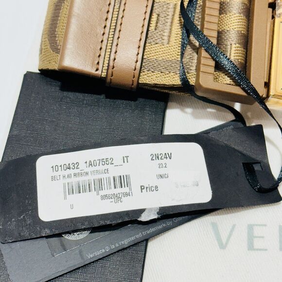 NWT Versace All-Over Logo Reversible Gold Buckle Brown Greca Ribbon Belt $425 - Picture 6 of 9